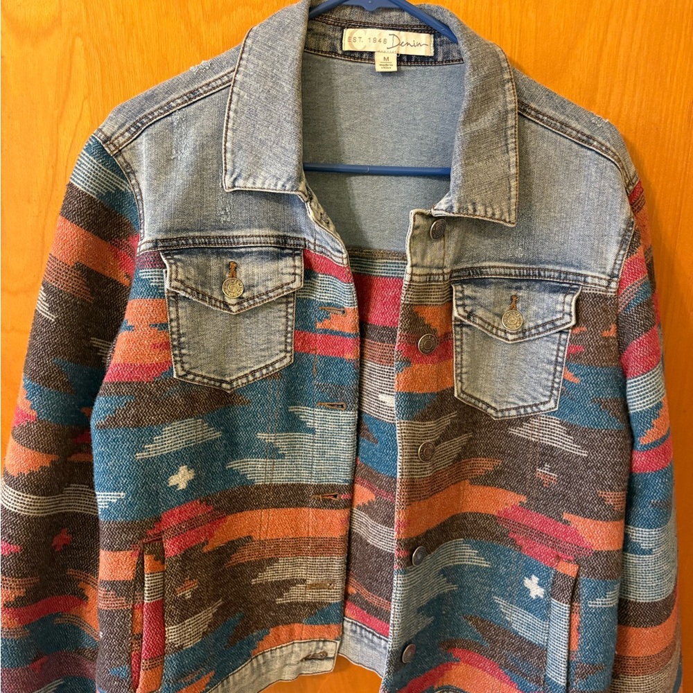 Desert colored Denim Jacket with Southwestern Pattern